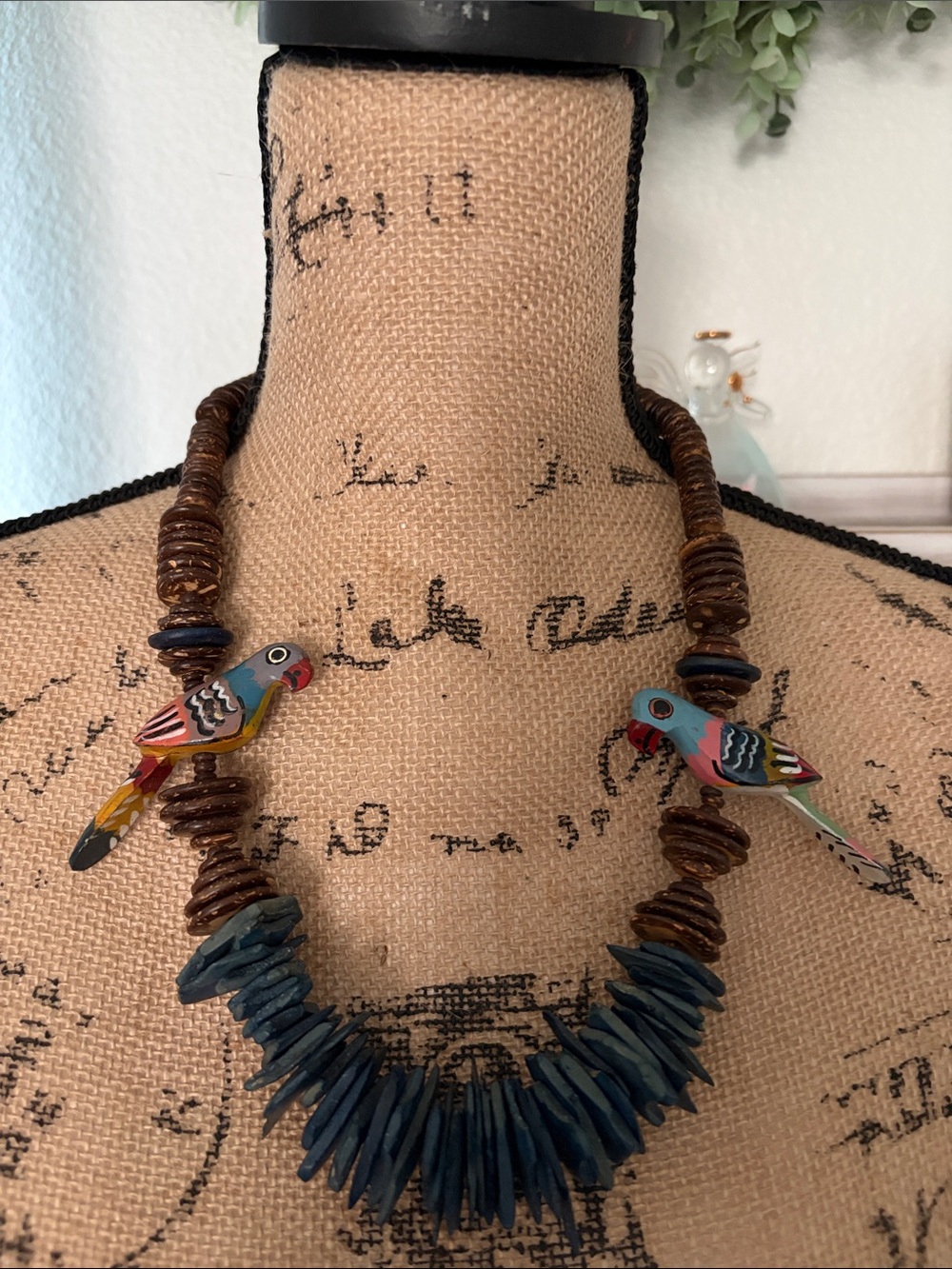 Hand-Painted Parrot Bead Statement Necklace - Blue & Multicolor